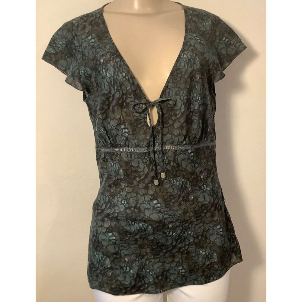 Calvin Klein Jeans Womens M Floral Babydoll Blouse Green Purple V-Neck Tie Top